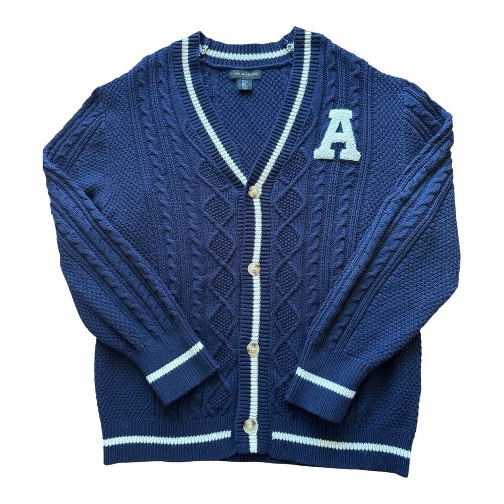 Art of Rhetoric V Neck Navy Blue Cable Knit Cardigan with Letter Patch Preppy